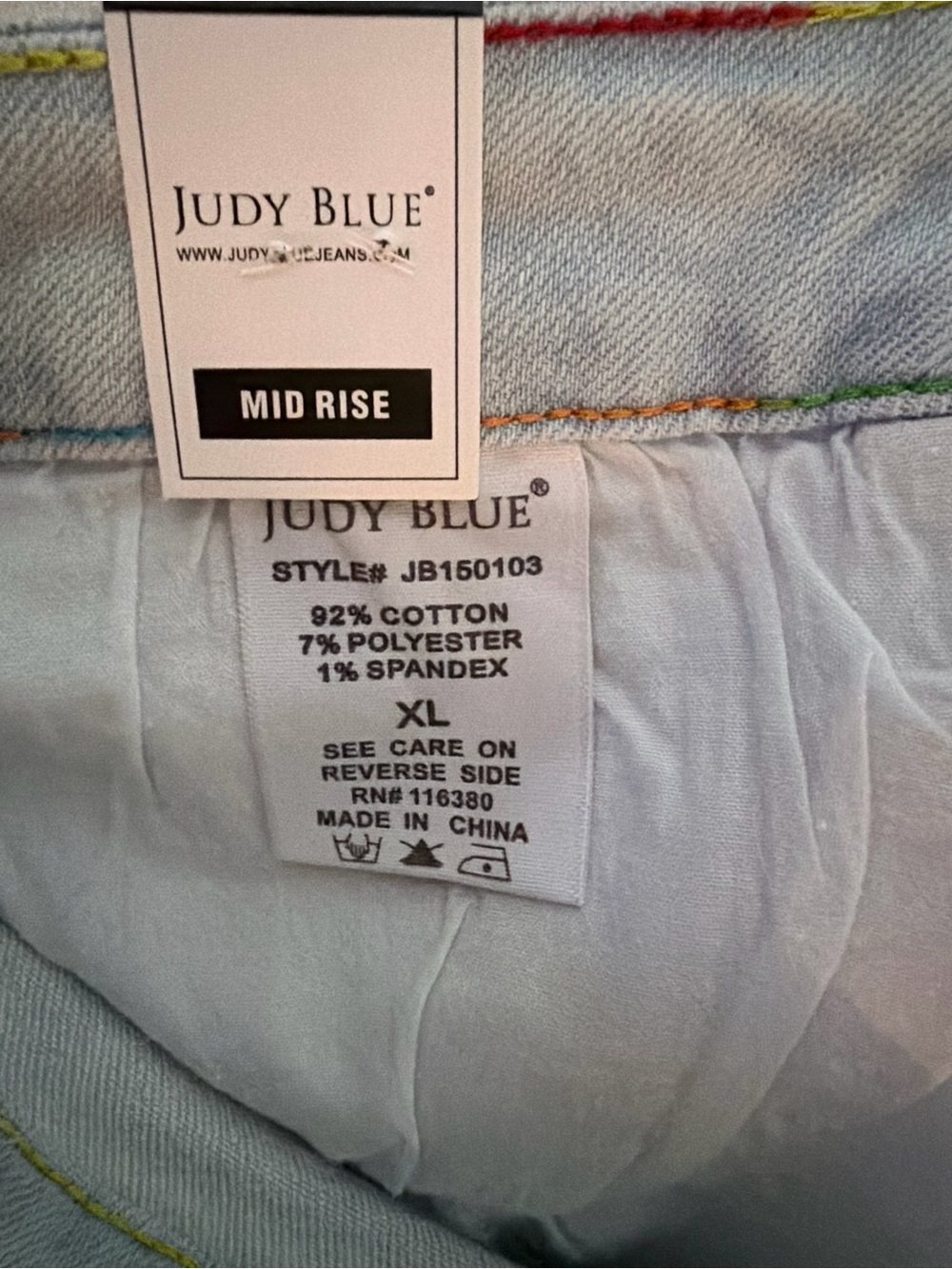 Judy Blue Light Wash Denim Shorts with Pastel Stitching - Picture 4 of 6